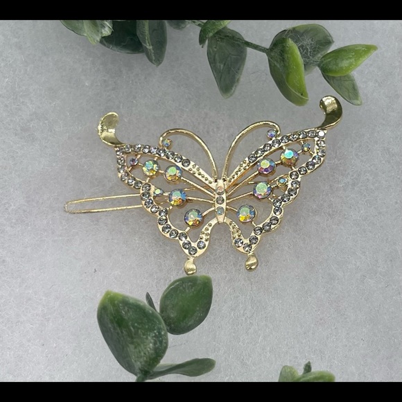 Crystal butterfly gold hair clip 2.5” hair accessories bridesmaid - Picture 1 of 4